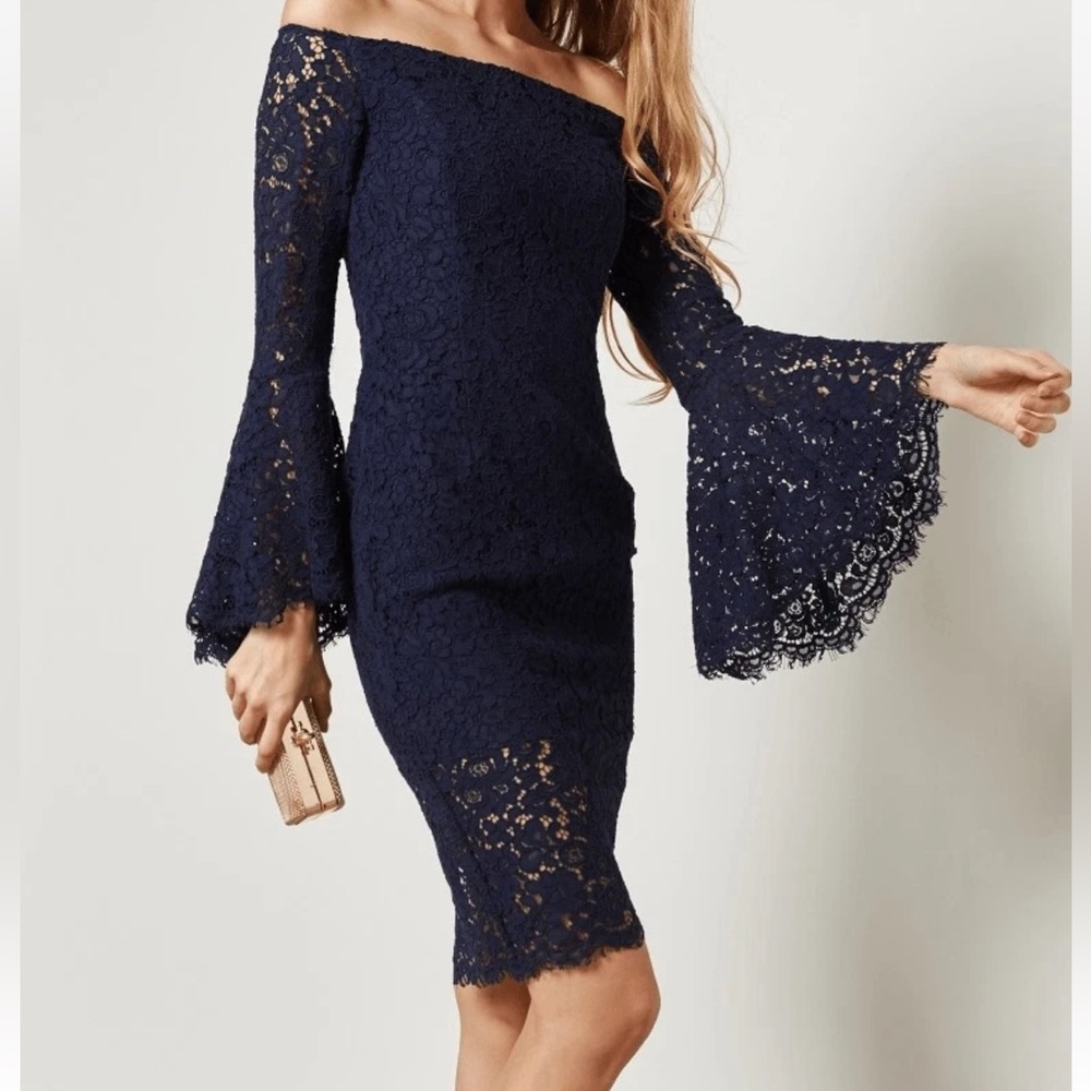 Bardot Solange Navy Blue Guipure Lace Dress with Trumpet Sleeves